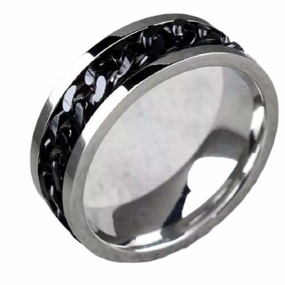 Stainless Steel Chain Black Spinner‎ Ring Silver Tone Sizes 8-11 Wedding Band